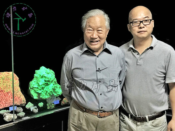 原地礦部部長(zhǎng)宋瑞祥（左）視察譚力的熒光礦物展廳。